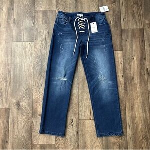 Forever 21 Lace Up Mid Rise Slim Fit Flare Blue Denim Jeans Size 27